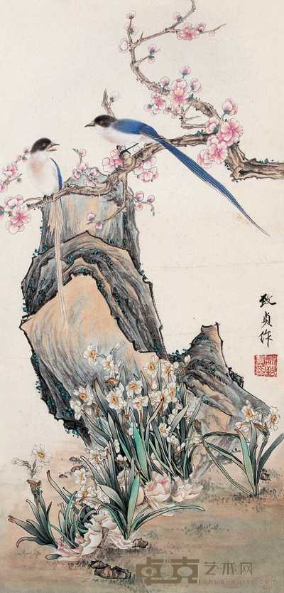 俞致贞 双禽报春 镜框 65.5×32.5cm